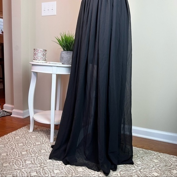 DRESS THE POPULATION 'PATRICIA' ILLUSIONS CHIFFON ROMANTIC BLACK MAXI DRESS sz S - Picture 5 of 16